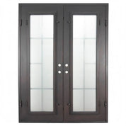 Hollywood black wrought iron double flat top door with tempered glass.