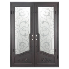 Load image into Gallery viewer, Double entryway doors featuring a full pane of glass behind an intricate iron pattern on each door.