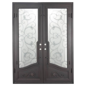 Double entryway doors featuring a full pane of glass behind an intricate iron pattern on each door.