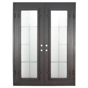 Double entryway doors made with a thick iron and steel frame. Doors feature full length panels of glass behind iron detailing and are thermally broken to protect from extreme weather.