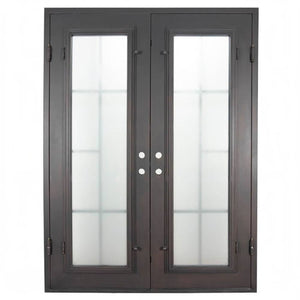 Double entryway doors with a thick iron frame and a panel of glass behind an intricate iron design.