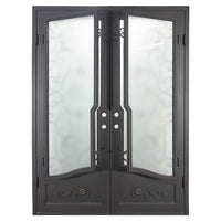 Double entryway doors featuring a full pane of glass behind an intricate iron pattern on each door. Doors are thermally broken to protect from extreme weather.