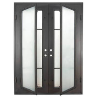 Double entryway doors made with a thick iron and steel frame. Doors feature full length panels of glass behind iron detailing and are thermally broken to protect from extreme weather.