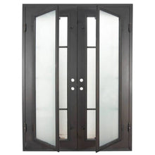 Load image into Gallery viewer, Double entryway doors made with a thick iron and steel frame. Doors feature full length panels of glass behind iron detailing and are thermally broken to protect from extreme weather.