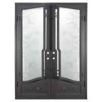 Double entryway doors featuring a full pane of glass behind an intricate iron pattern on each door. Doors are thermally broken to protect from extreme weather.