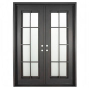 Hollywood black iron double french door with flat top and dual-pane glass.