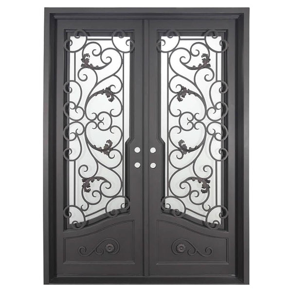 Hope black wrought iron double door with square top and dual-pane glass.