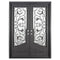 Double entryway doors featuring a full pane of glass behind an intricate iron pattern on each door.