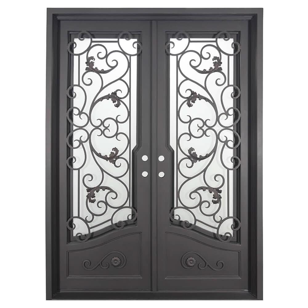 Double entryway doors featuring a full pane of glass behind an intricate iron pattern on each door.