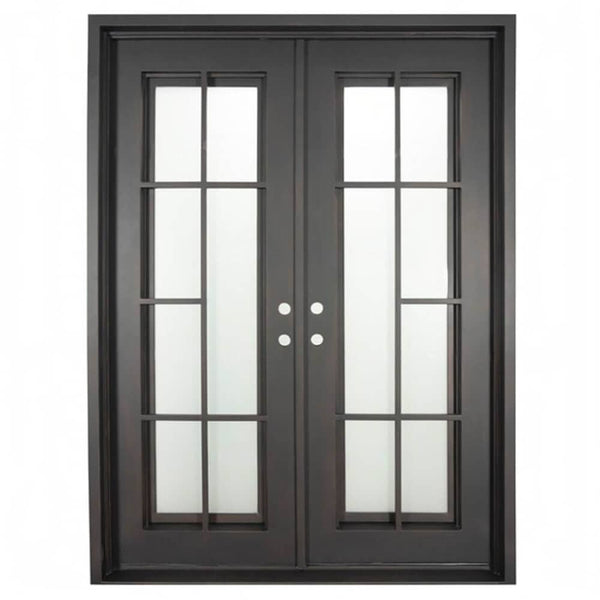 Hollywood pre-hung bronze color iron double square top door.