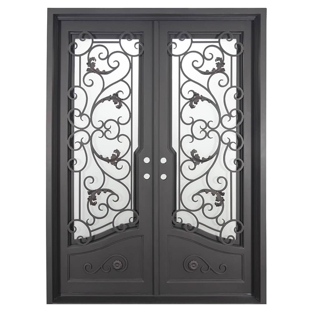 Double entryway doors featuring a full pane of glass behind an intricate iron pattern on each door. Doors are thermally broken to protect from extreme weather.