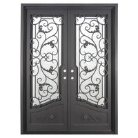Double entryway doors featuring a full pane of glass behind an intricate iron pattern on each door. Doors are thermally broken to protect from extreme weather.