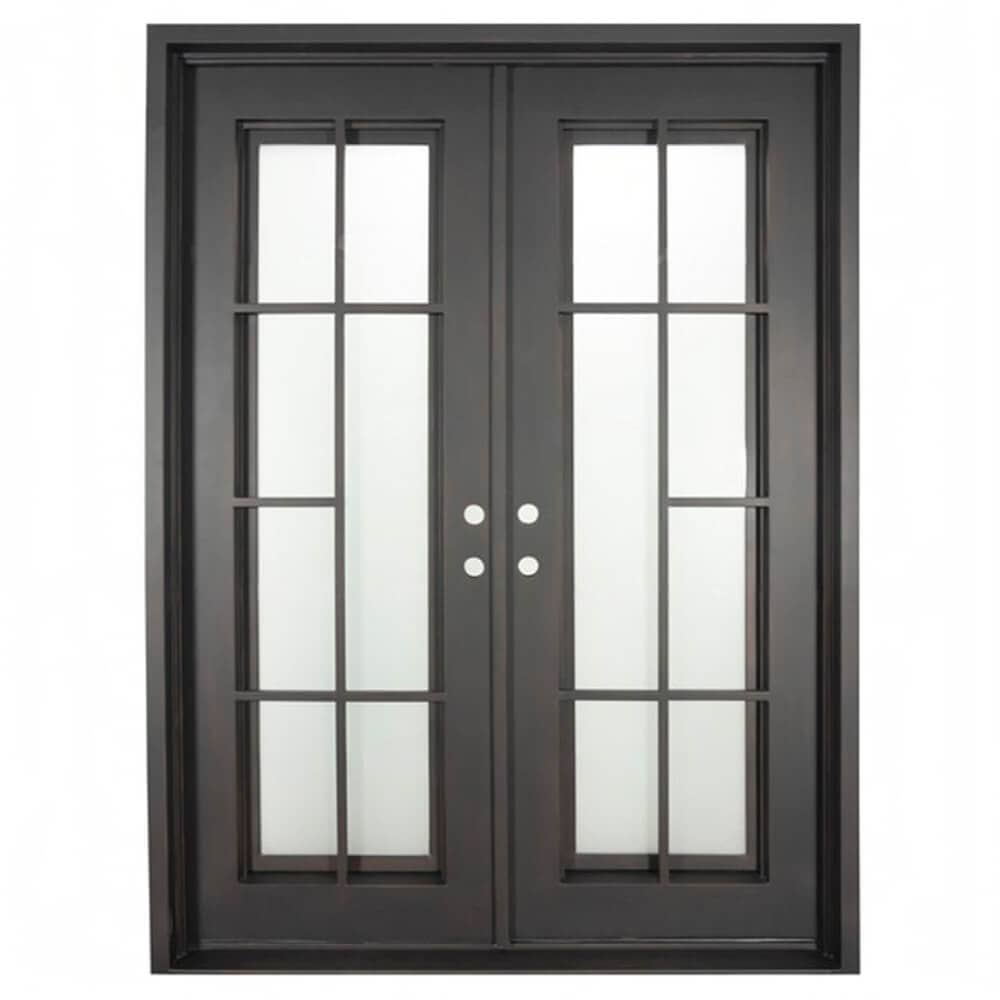 Double entryway doors made with a thick iron and steel frame. Doors feature full length panels of glass behind iron detailing and are thermally broken to protect from extreme weather.