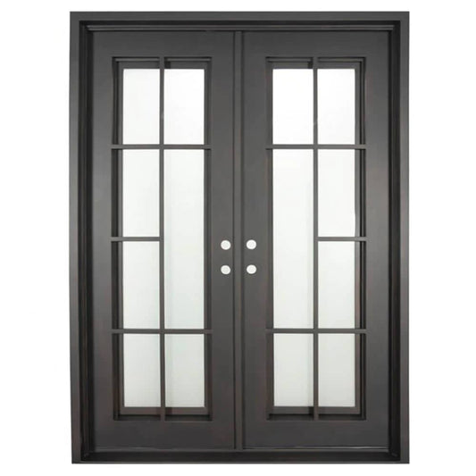 Double entryway doors made with a thick iron and steel frame. Doors feature full length panels of glass behind iron detailing and are thermally broken to protect from extreme weather.