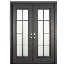 Load image into Gallery viewer, Double entryway doors made with a thick iron and steel frame. Doors feature full length panels of glass behind iron detailing and are thermally broken to protect from extreme weather.