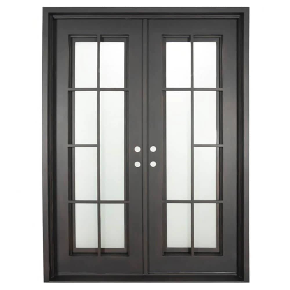 Double entryway doors made with a thick iron and steel frame. Doors feature full length panels of glass behind iron detailing and are thermally broken to protect from extreme weather.