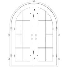 Load image into Gallery viewer, Double entryway doors made with a thick iron and steel frame with a full arch. Doors feature full length panels of glass behind iron detailing and are thermally broken to protect from extreme weather.