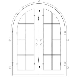 Double entryway doors made with a thick iron and steel frame with a full arch. Doors feature full length panels of glass behind iron detailing and are thermally broken to protect from extreme weather.