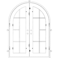 Double entryway doors made with a thick iron and steel frame with a full arch. Doors feature full length panels of glass behind iron detailing and are thermally broken to protect from extreme weather.