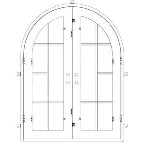 Double entryway doors with a thick iron frame and a panel of glass behind an intricate iron design.