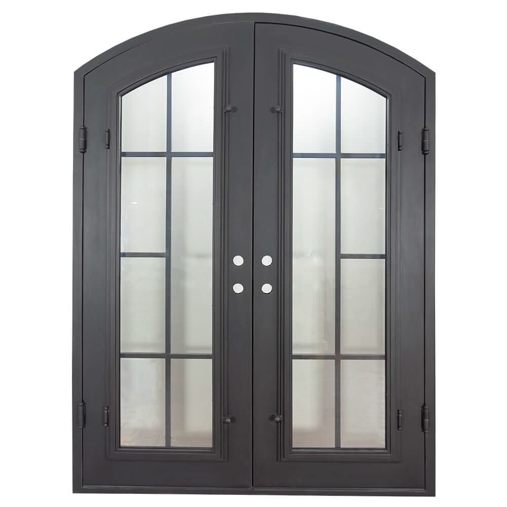 Hollywood black colored arched top double entry door with thermal break and glass.