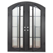 Hollywood arched entry double iron door in bronze tone with clear glass.