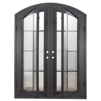 Double entryway doors with a thick iron frame and a panel of glass behind an intricate iron design.