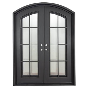 Double entryway doors with a thick iron frame and a panel of glass behind an intricate iron design.