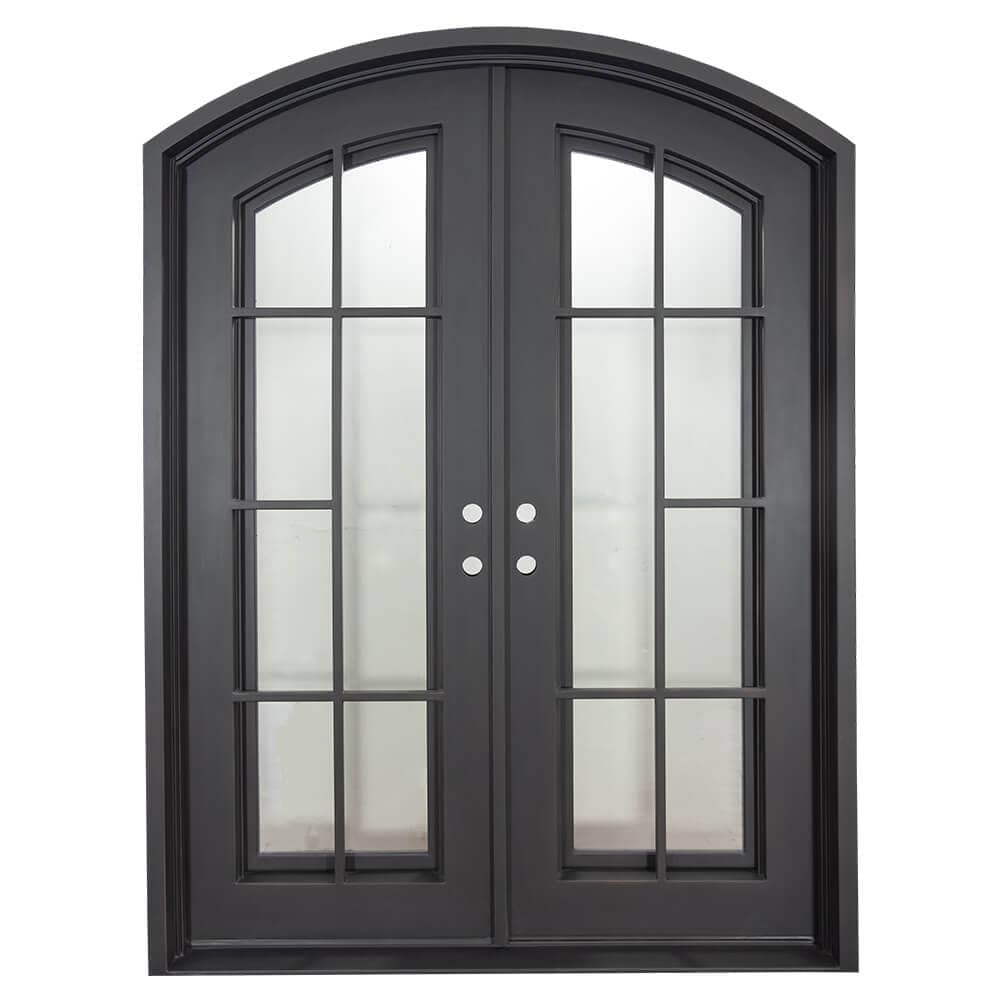 Double entryway doors made with a thick iron and steel frame with a slight arch. Doors feature full length panels of glass behind iron detailing and are thermally broken to protect from extreme weather.