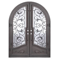 Double entryway doors featuring a full pane of glass behind an intricate iron pattern on each door and a full arch on top. Doors are thermally broken to protect from extreme weather.