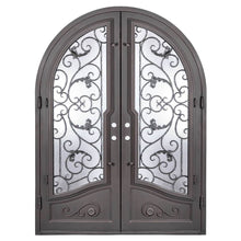 Load image into Gallery viewer, Double entryway doors featuring a full pane of glass behind an intricate iron pattern on each door and a full arch on top. Doors are thermally broken to protect from extreme weather.