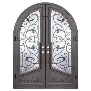 Double entryway doors featuring a full pane of glass behind an intricate iron pattern on each door and a full arch on top. Doors are thermally broken to protect from extreme weather.