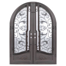 Load image into Gallery viewer, Double entryway doors featuring a full pane of glass behind an intricate iron pattern on each door and a full arch on top. Doors are thermally broken to protect from extreme weather.