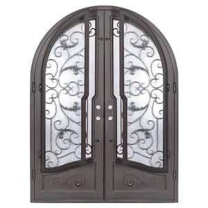 Double entryway doors featuring a full pane of glass behind an intricate iron pattern on each door and a full arch on top. Doors are thermally broken to protect from extreme weather.