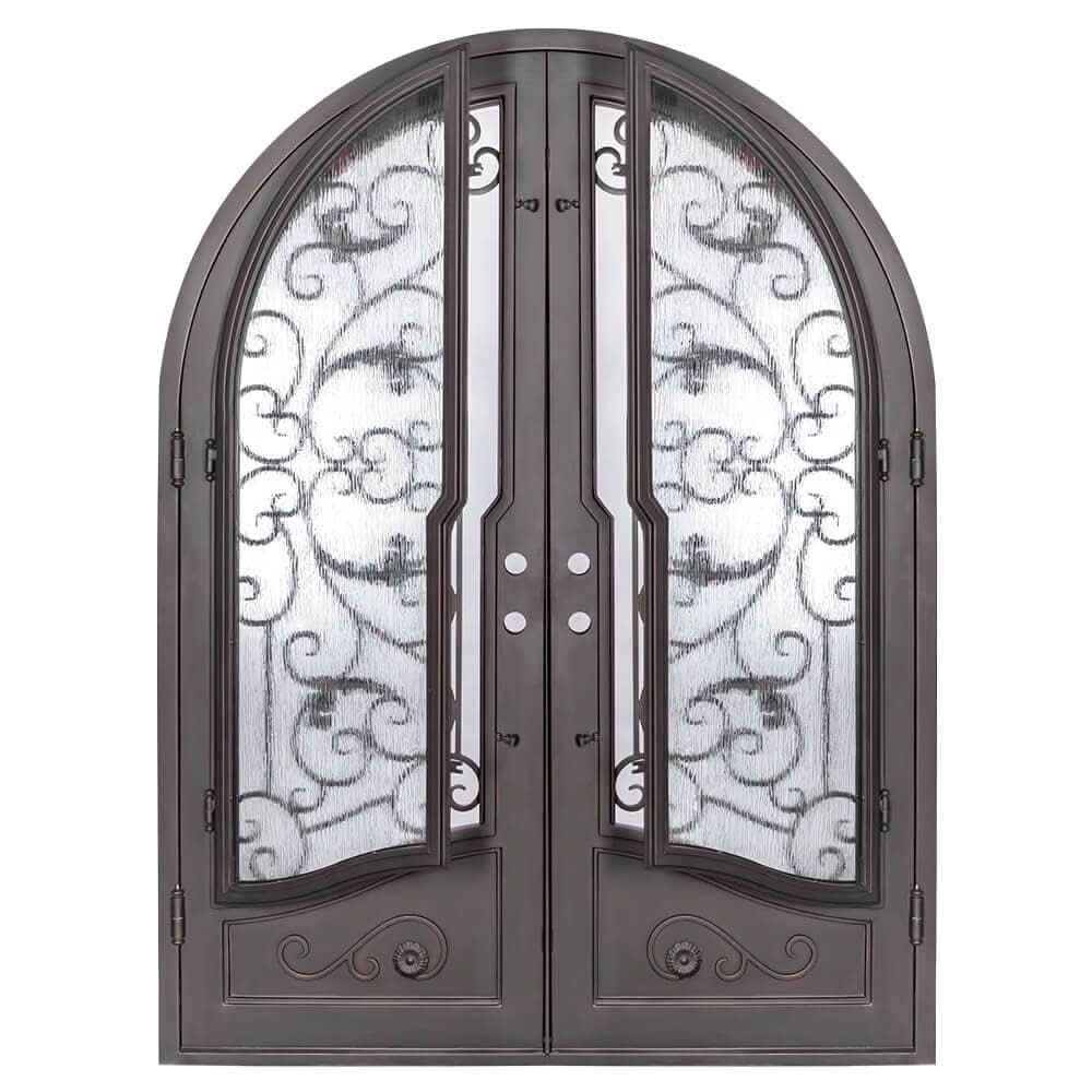Hope full arch top double front door with hand forged scrollwork and dual-pane glass.