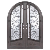 Hope full arch top double front door with hand forged scrollwork and dual-pane glass.