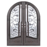Double entryway doors featuring a full pane of glass behind an intricate iron pattern on each door.