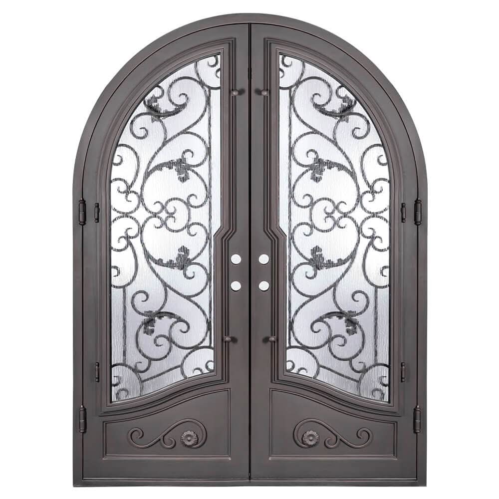 Hope double radius top swing door with energy efficient dual-pane glass in bronze.