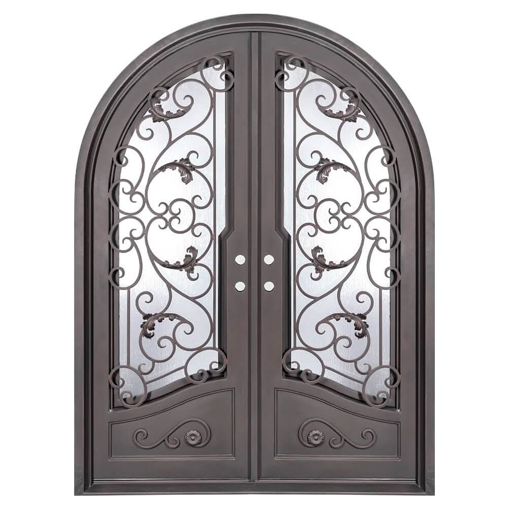 Hope double round top swing door with hand forged metalwork and dual-pane glass.