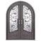 Double entryway doors featuring a full pane of glass behind an intricate iron pattern on each door and a full arch on top. Doors are thermally broken to protect from extreme weather.