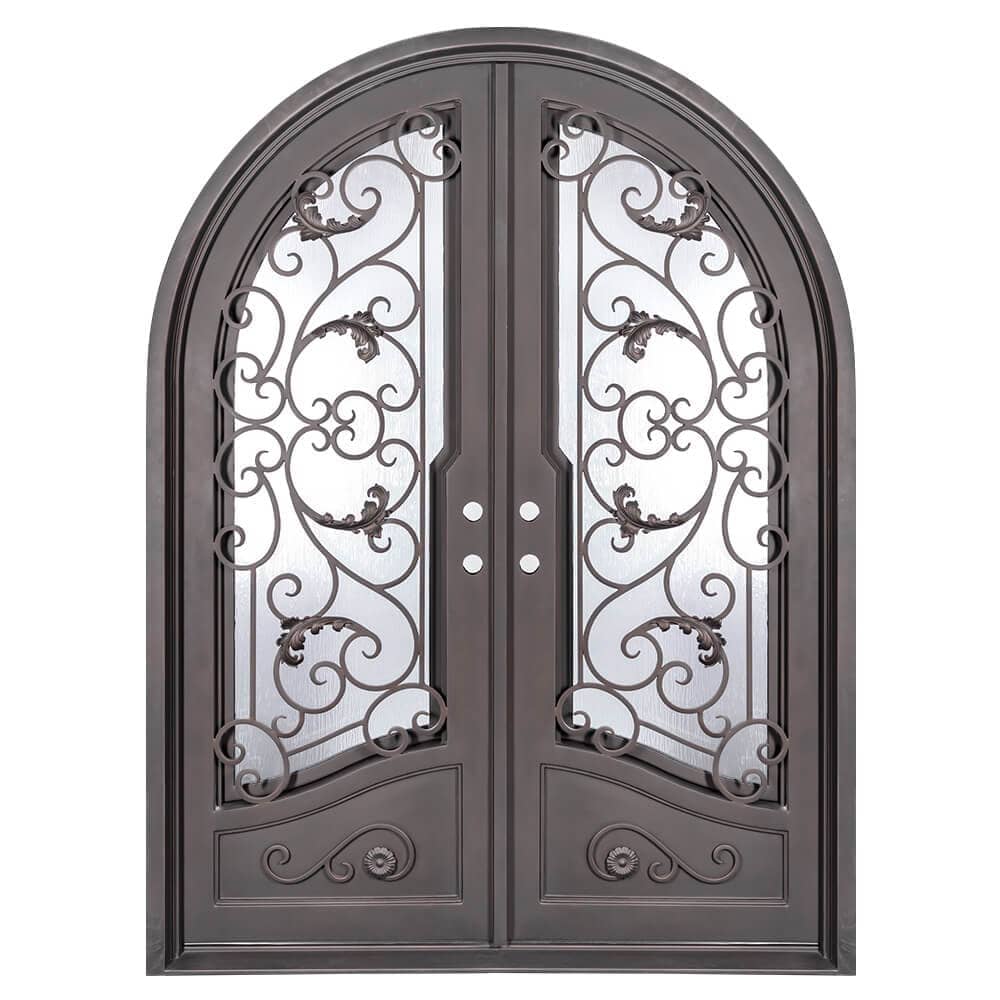 Double entryway doors featuring a full pane of glass behind an intricate iron pattern on each door and a full arch on top. Doors are thermally broken to protect from extreme weather.