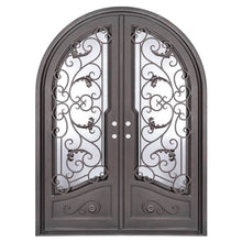 Load image into Gallery viewer, Double entryway doors featuring a full pane of glass behind an intricate iron pattern on each door and a full arch on top. Doors are thermally broken to protect from extreme weather.