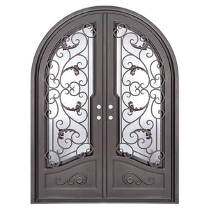 Double entryway doors featuring a full pane of glass behind an intricate iron pattern on each door and a full arch on top. Doors are thermally broken to protect from extreme weather.