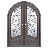 Double entryway doors featuring a full pane of glass behind an intricate iron pattern on each door.