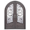 Double entryway doors featuring a full pane of glass behind an intricate iron pattern on each door.