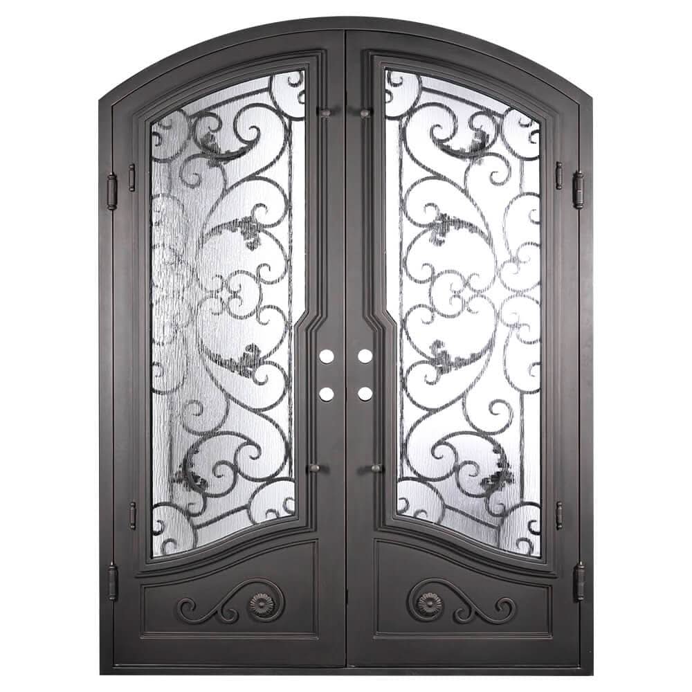 Hope arched entry iron door in bronze hue.
