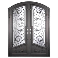 Double entryway doors featuring a full pane of glass behind an intricate iron pattern on each door. Doors are thermally broken to protect from extreme weather.
