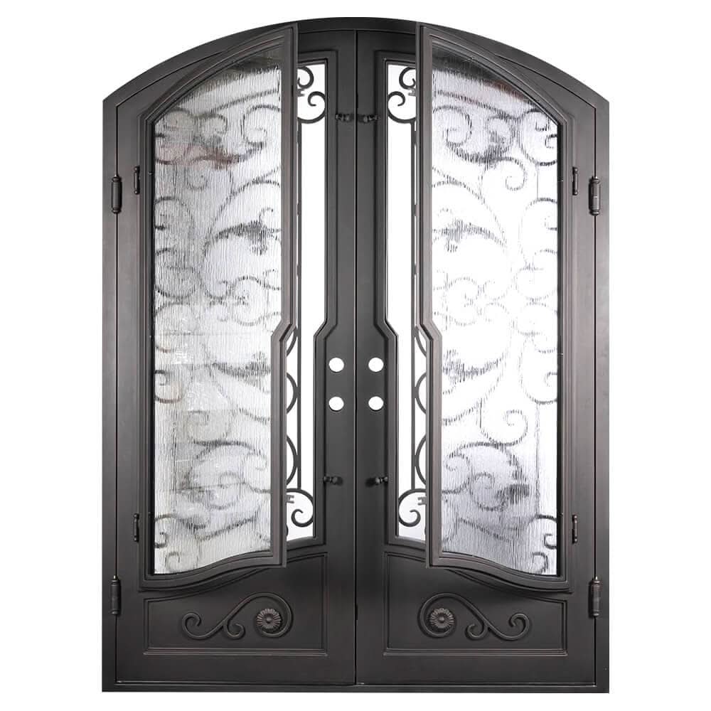 Hope arched top double entry door with efficient glass in bronze color.