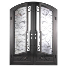 Load image into Gallery viewer, Double entryway doors featuring a full pane of glass behind an intricate iron pattern on each door. Doors are thermally broken to protect from extreme weather.