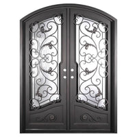 Double entryway doors featuring a full pane of glass behind an intricate iron pattern on each door. Doors are thermally broken to protect from extreme weather.
